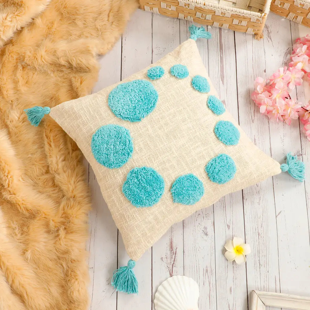 Boho-Chic Tufted Cushion Cover – Circle Spiral in Sky Blue & Off-White-ArtyCraftz.com