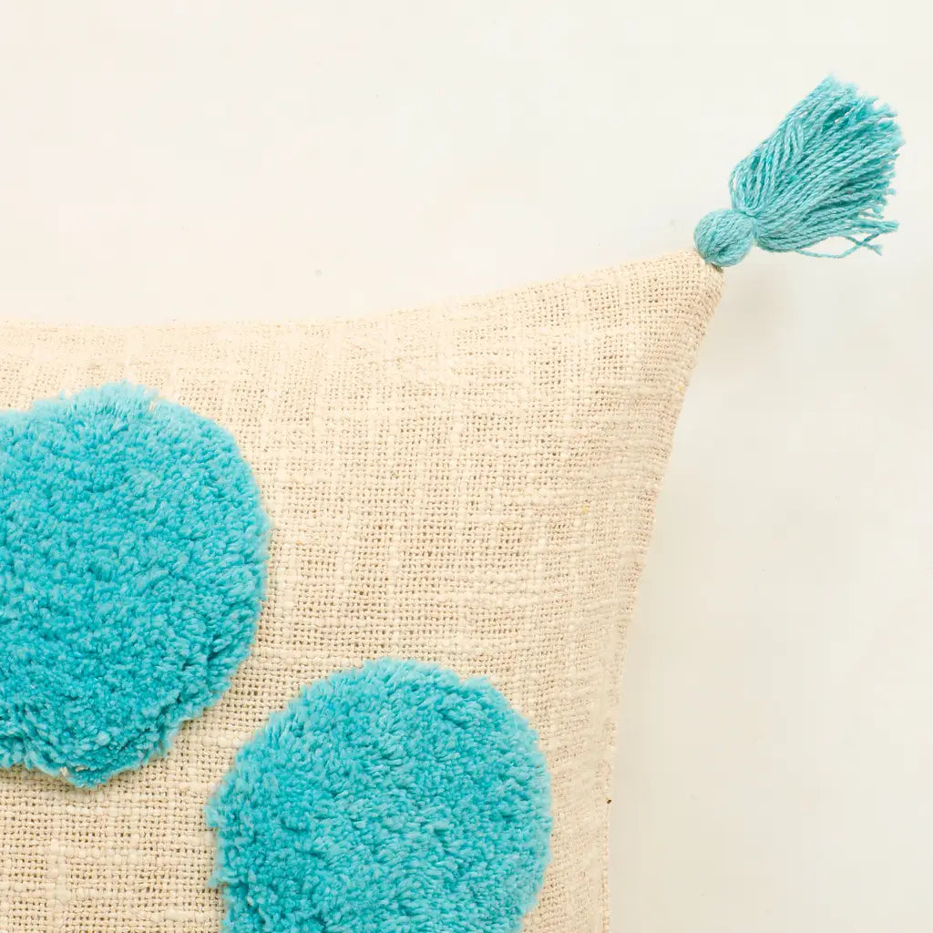 Boho-Chic Tufted Cushion Cover – Circle Spiral in Sky Blue & Off-White-ArtyCraftz.com