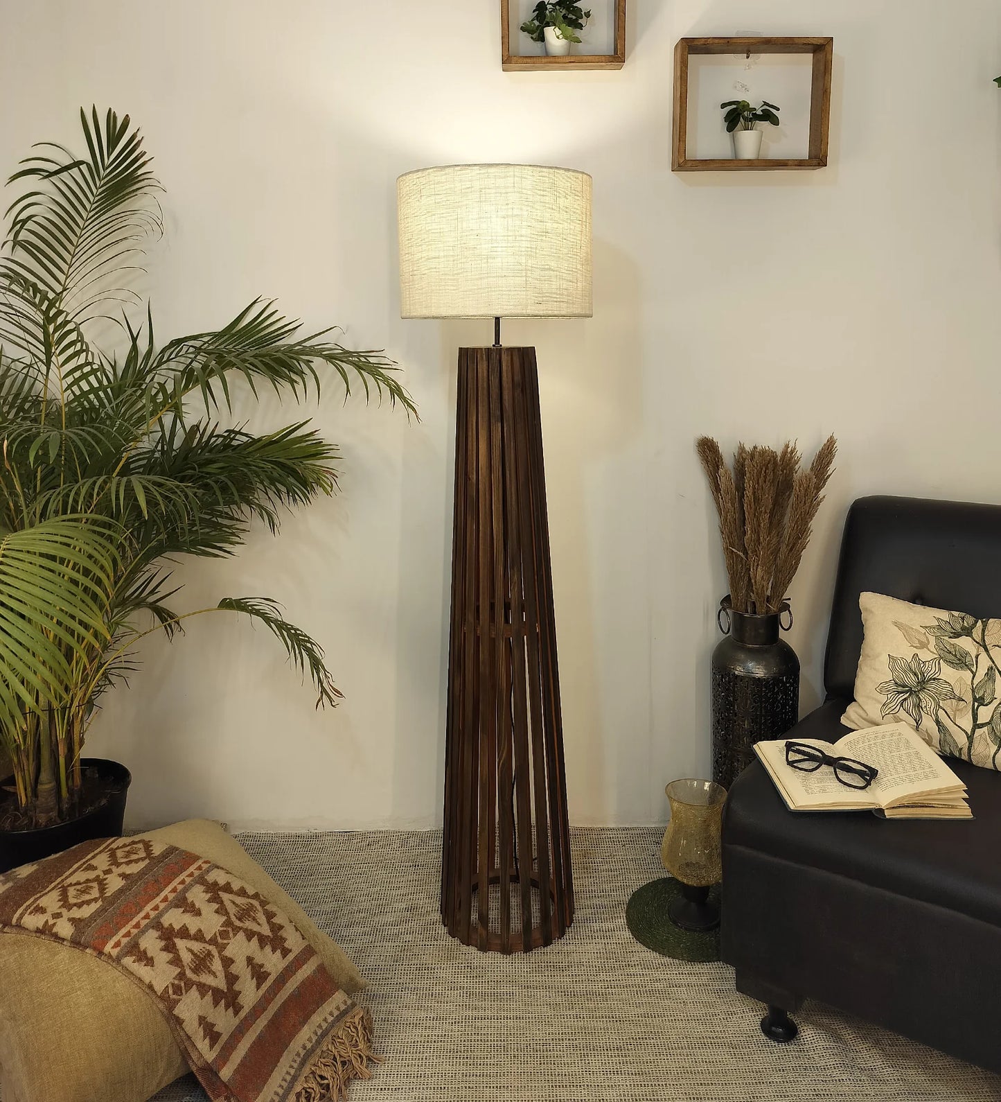 Boho Wooden Floor Lamp with Brown Base and Beige Fabric Lampshade - ArtyCraftz.com