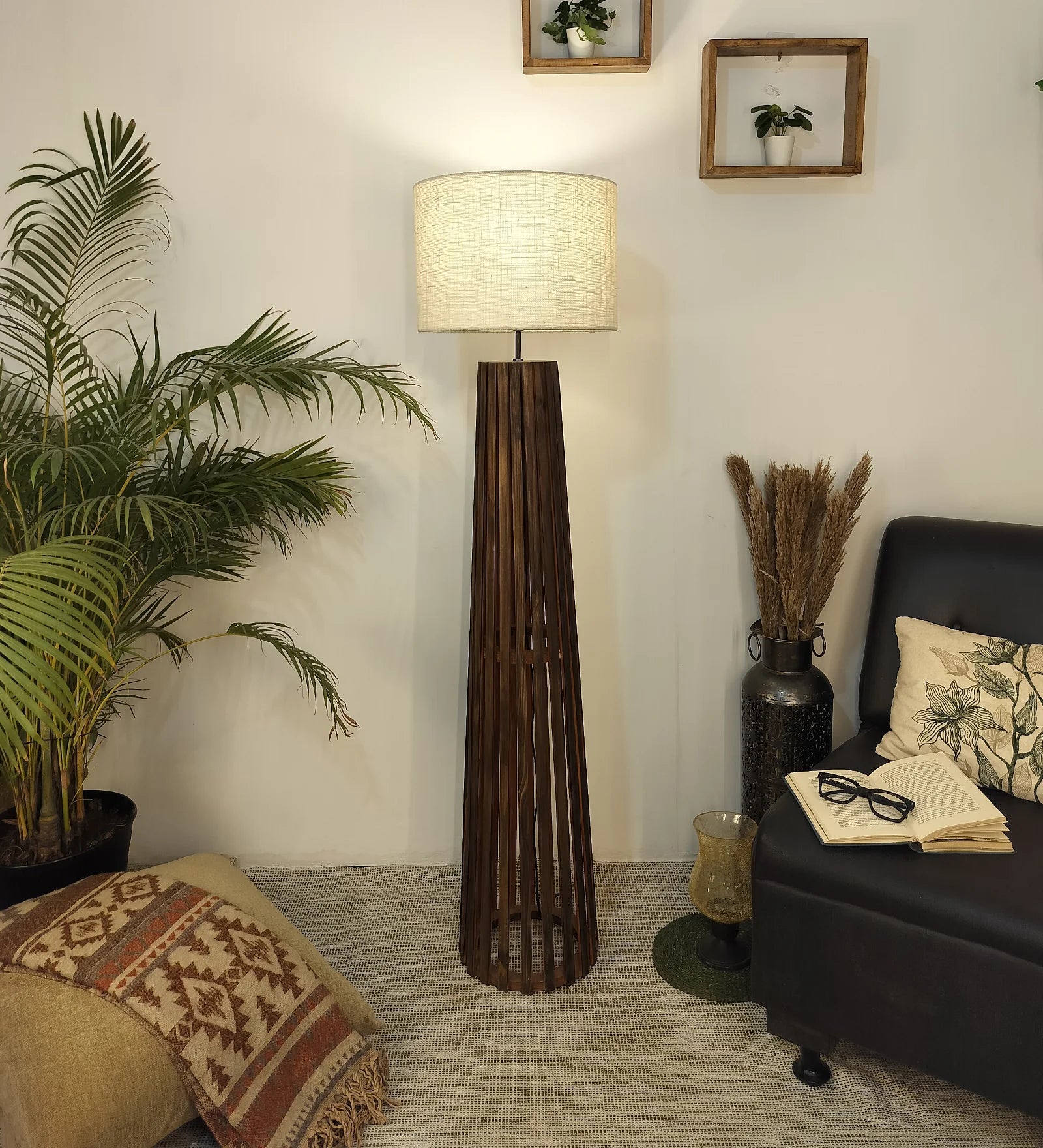 Boho Wooden Floor Lamp with Brown Base and Beige Fabric Lampshade - ArtyCraftz.com
