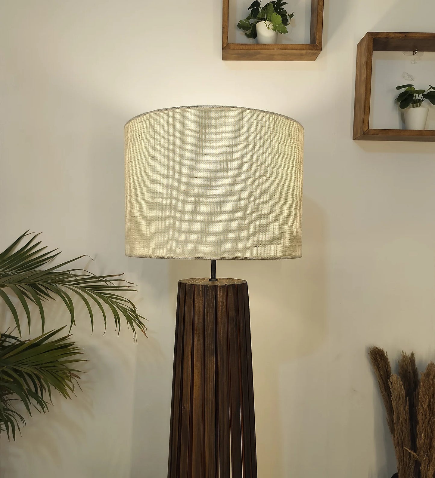 Boho Wooden Floor Lamp with Brown Base and Beige Fabric Lampshade - ArtyCraftz.com