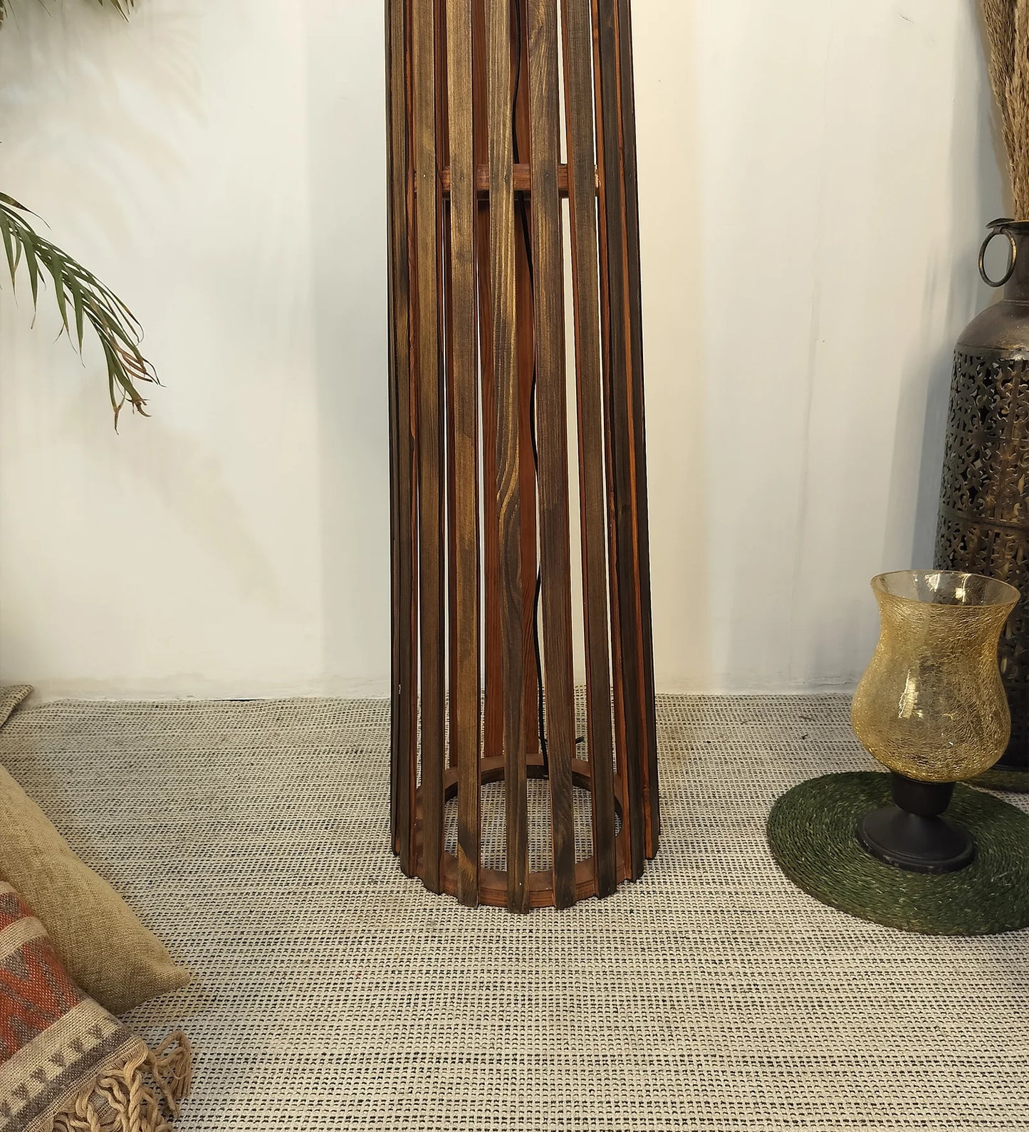 Boho Wooden Floor Lamp with Brown Base and Beige Fabric Lampshade - ArtyCraftz.com
