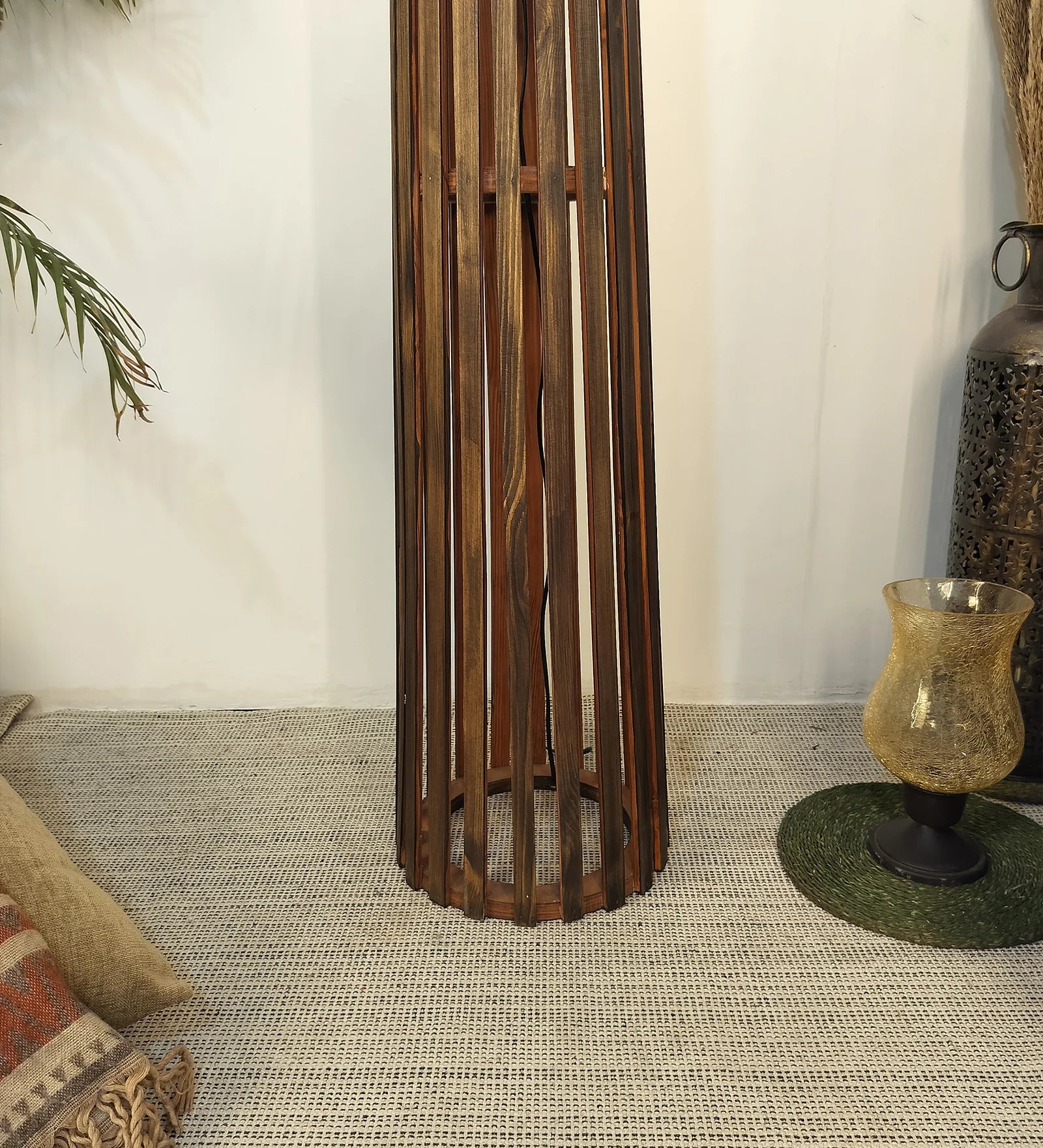 Boho Wooden Floor Lamp with Brown Base and Beige Fabric Lampshade - ArtyCraftz.com