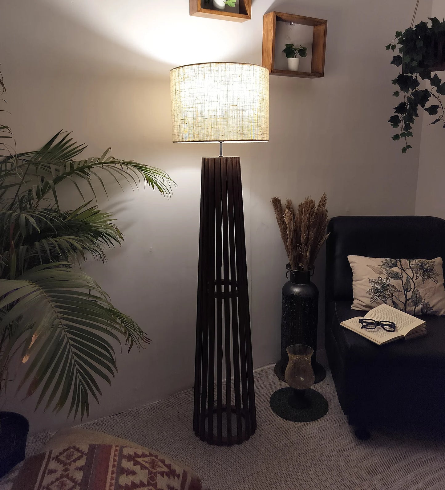 Boho Wooden Floor Lamp with Brown Base and Beige Fabric Lampshade - ArtyCraftz.com