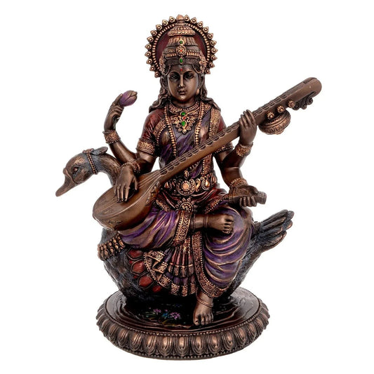 Bonded Resin Saraswati on Swan Idol, Large, Multicolour - ArtyCraftz.com