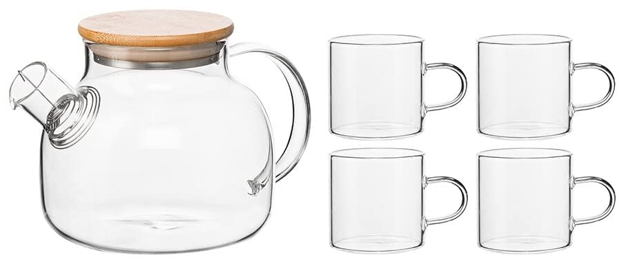 Borosilicate Glass Tea Pot Set with 4 Cups & Wooden Tray-ArtyCraftz.com