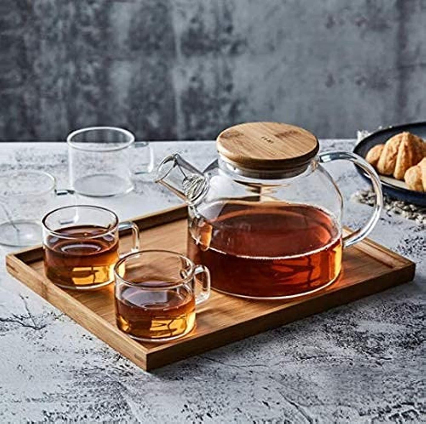 Borosilicate Glass Tea Pot Set with 4 Cups & Wooden Tray-ArtyCraftz.com