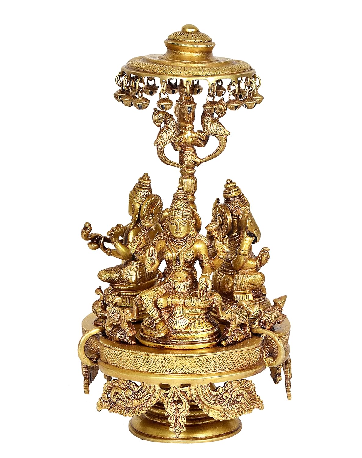 Brass Lakshmi, Ganesha and Saraswati on Chowki with Temple Umbrella Statue