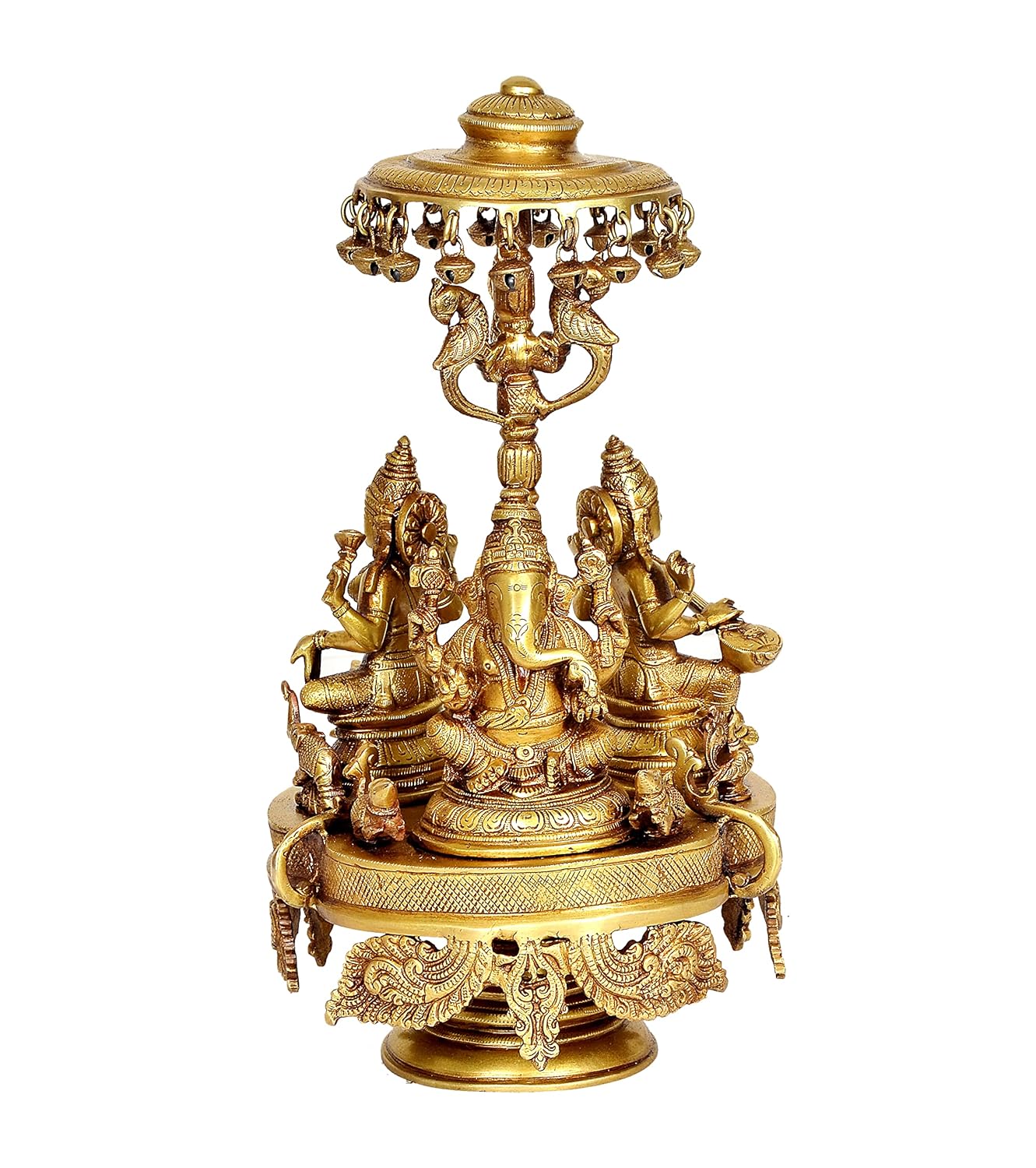 Brass Lakshmi, Ganesha and Saraswati on Chowki with Temple Umbrella Statue