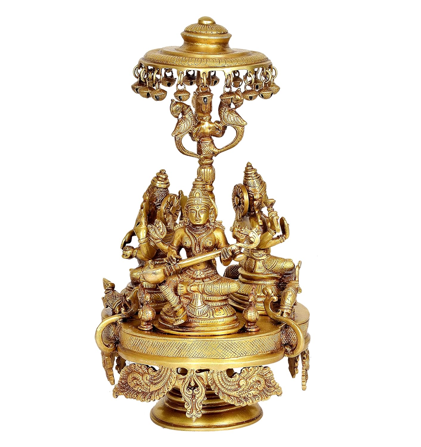 Brass Lakshmi, Ganesha and Saraswati on Chowki with Temple Umbrella Statue