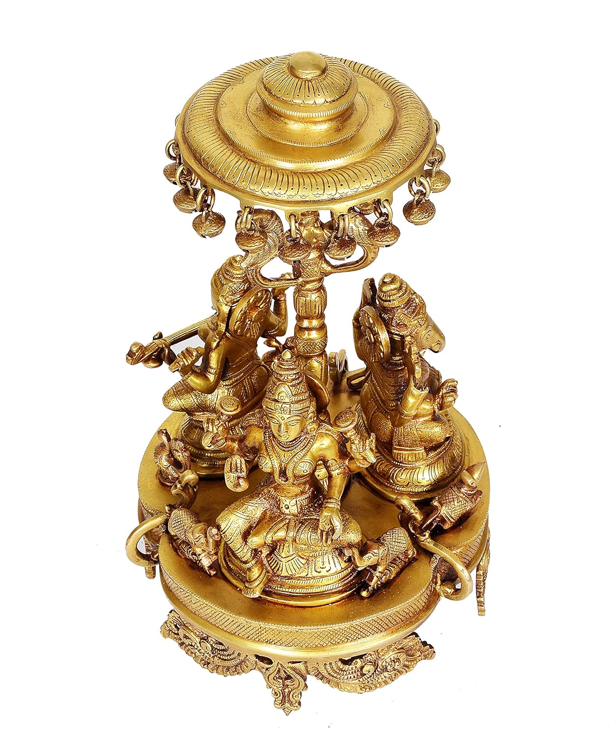 Brass Lakshmi, Ganesha and Saraswati on Chowki with Temple Umbrella Statue