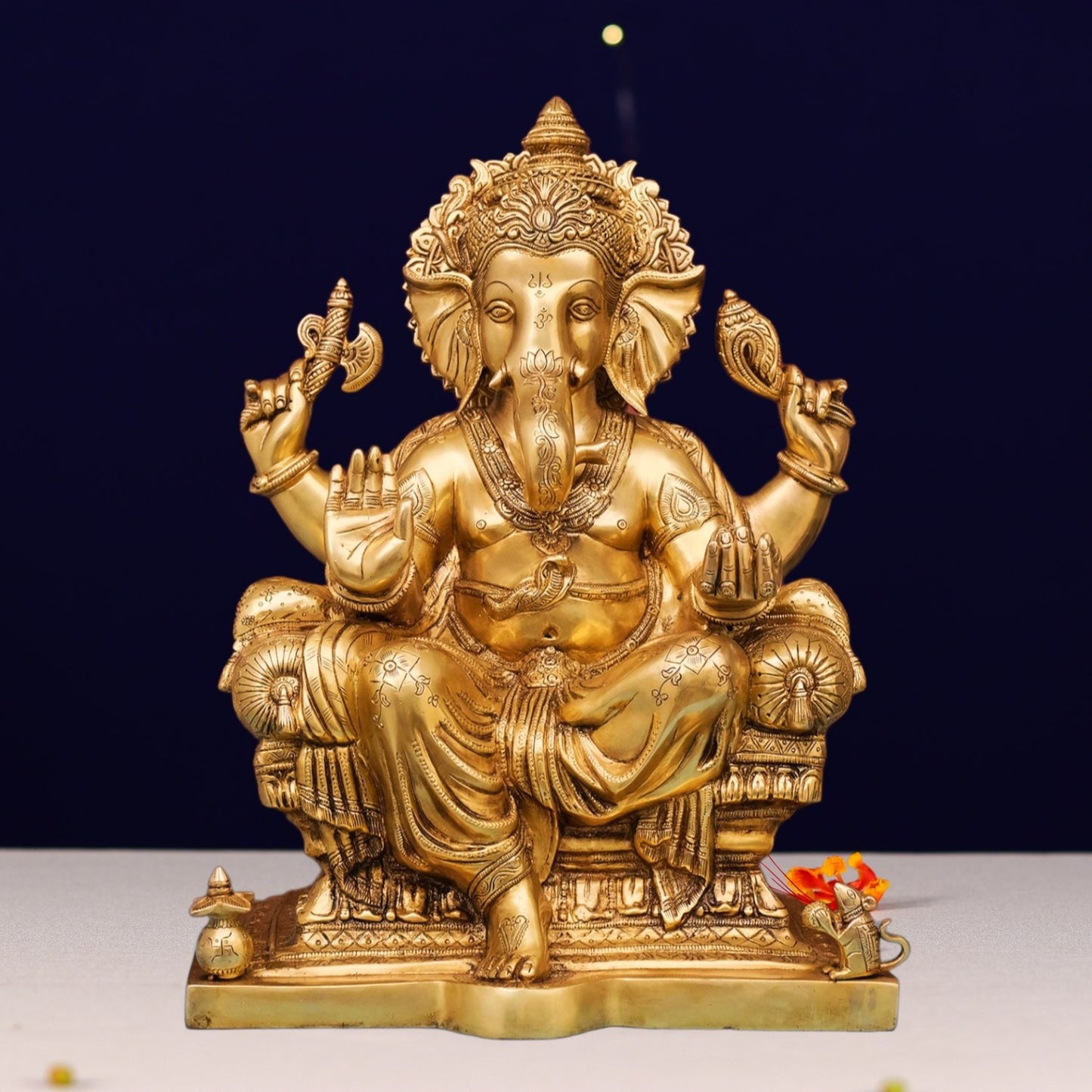 Brass Lord Golden Ganesha on Throne Statue