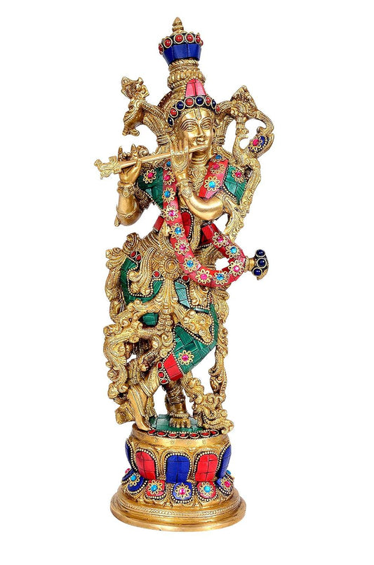 Large Brass Krishna Statue with Stone Work Flute Krishna Idol (14.5 Inches)-ArtyCraftz.com