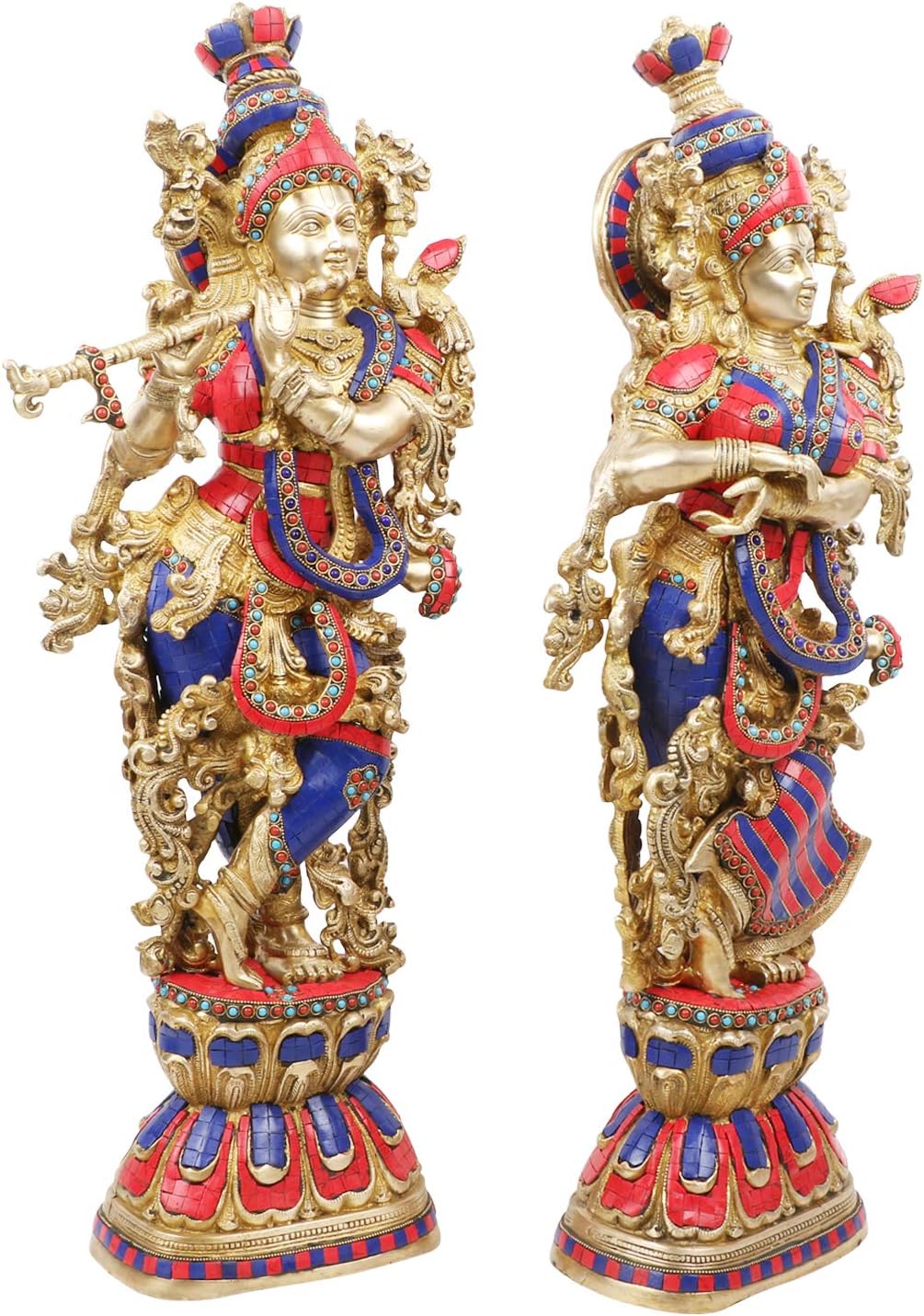 Brass Radha Krishna Couple with Red Blue Stone work statue