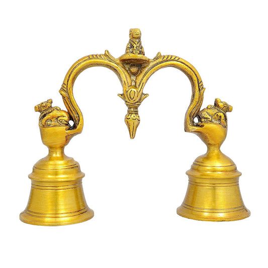 Brass 2 Join Bell with 3 Nandi for Home Decor and Pooja Ghar Mandir Height 5 Inch - ArtyCraftz.com