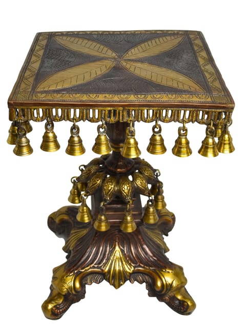 Brass 4 Floral Petals Chowki with Decorative Pillar and Bells-ArtyCraftz.com