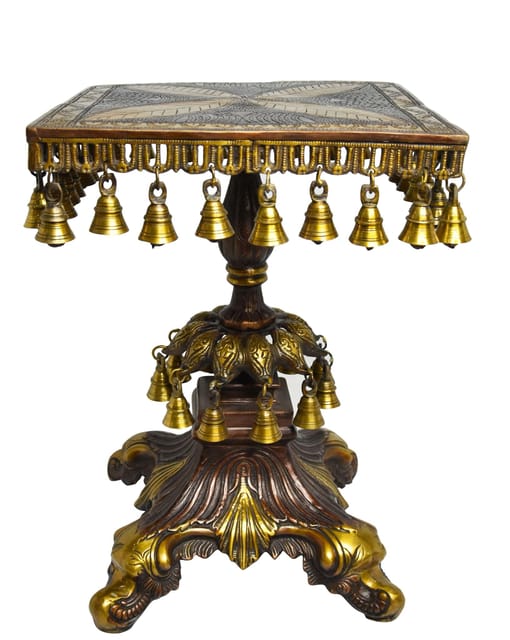 Brass 4 Floral Petals Chowki with Decorative Pillar and Bells-ArtyCraftz.com