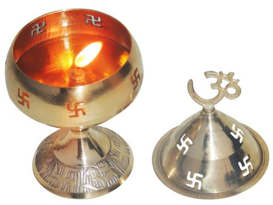 Brass Akhand Diya, Designer Diya Om Swastik Design Lid - ArtyCraftz.com