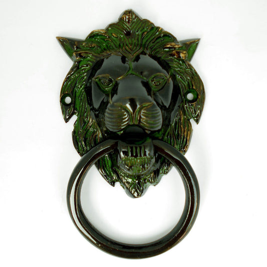 Brass Antique Finish Lion Door Knocker Green Color - ArtyCraftz.com