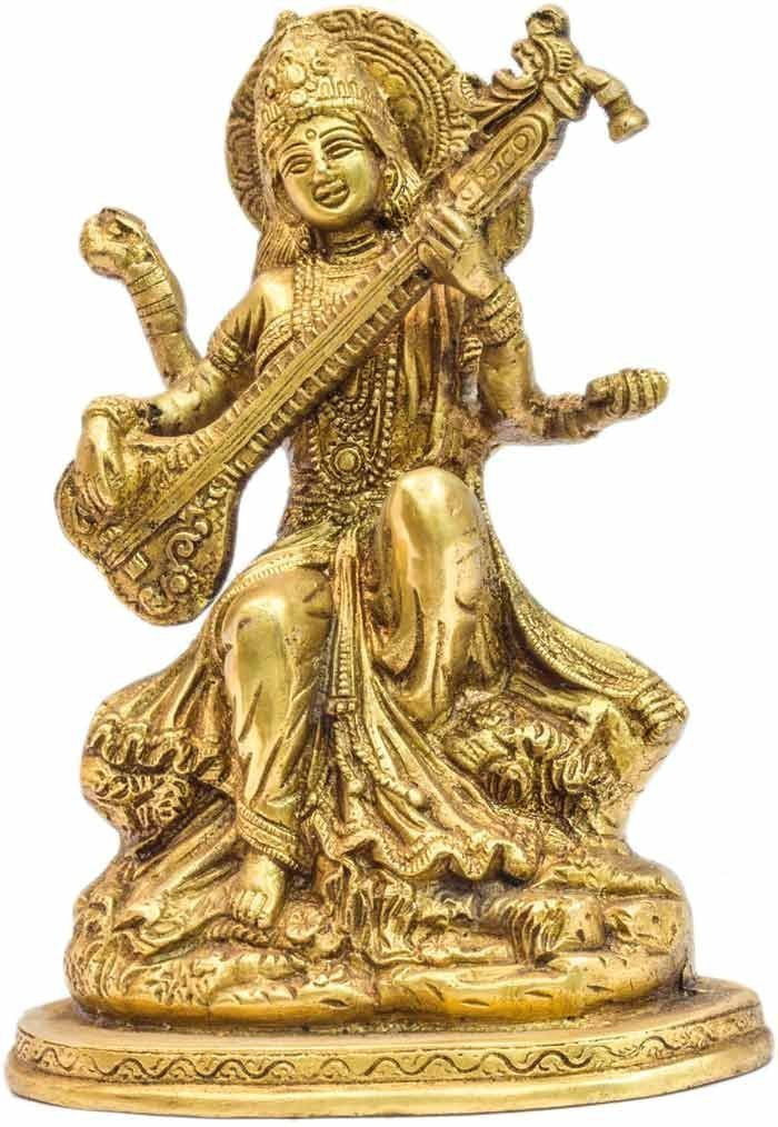 Brass Antique Gold Saraswathi with Veena - ArtyCraftz.com