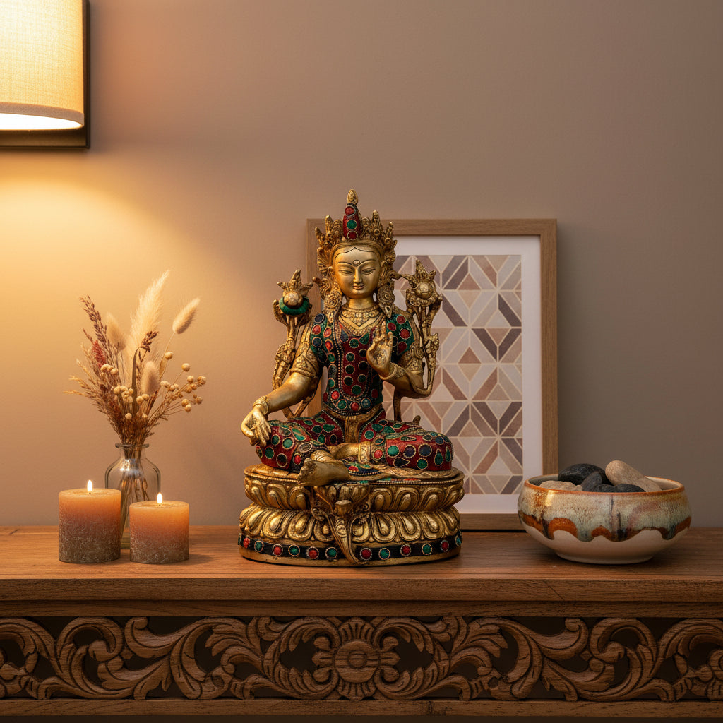 Brass Antique Gold with multicolor detailing Tara Statue-ArtyCraftz.com