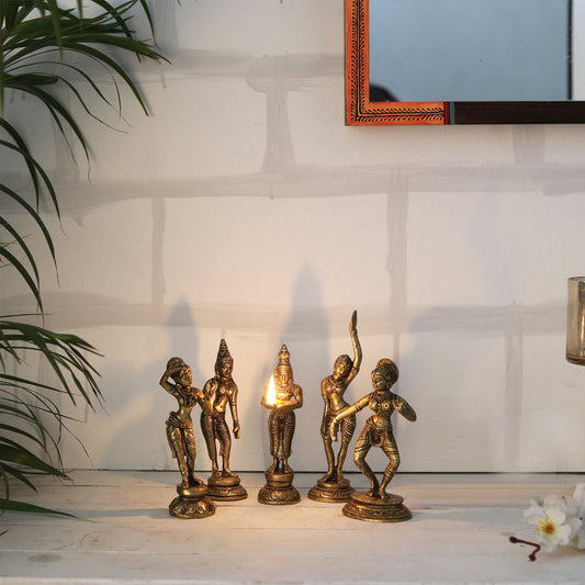 Brass Apsara with Dancing Pose Showpieces - Set of 5 Statues