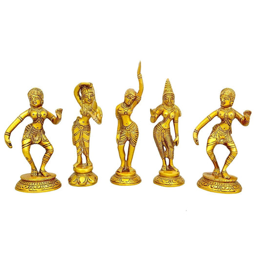 Brass Apsara with Dancing Pose Showpieces - Set of 5 Statues Height 6.5 Inch - ArtyCraftz.com