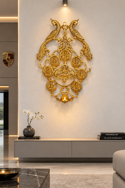 Brass Ashta Lakshmi Wall Hanging with Lamp 45 cm-artycraftz.com