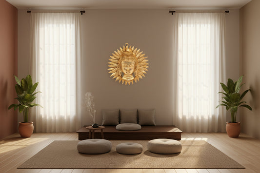 Handcrafted Brass Buddha Face Wall Hanging with Sun Aura-ArtyCraftz.com