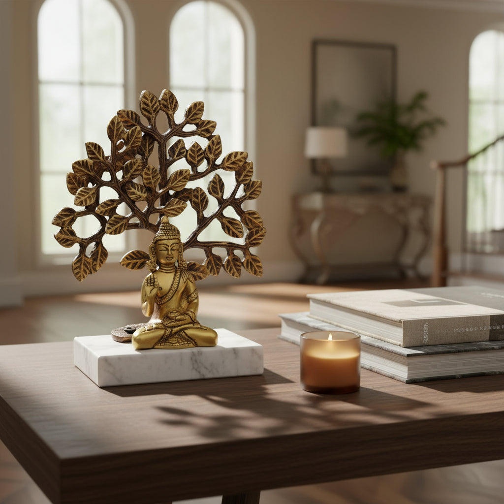 Brass Buddha Under Bodhi Tree Showpiece – Spiritual Table Decor (7.5 Inch) - ArtyCraftz.com