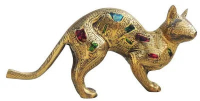 Brass Cat Statue in Walking Pose with Antique Gold Finish and Colorful Decorative Accents-artycraftz.com