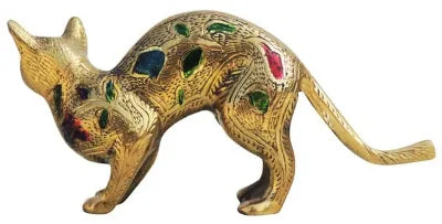 Brass Cat Statue in Walking Pose with Antique Gold Finish and Colorful Decorative Accents-artycraftz.com
