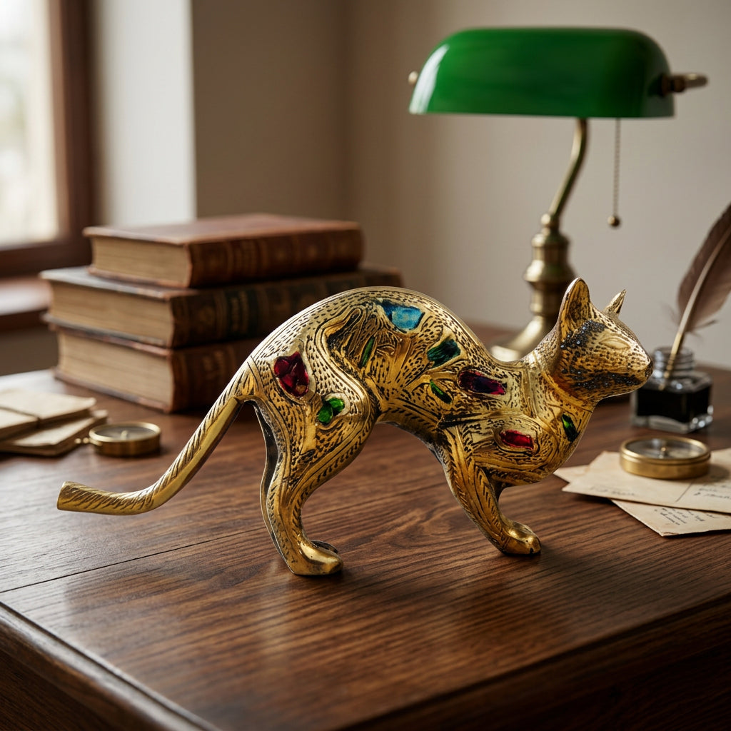Brass Cat Statue in Walking Pose with Antique Gold Finish and Colorful Decorative Accents-artycraftz.com