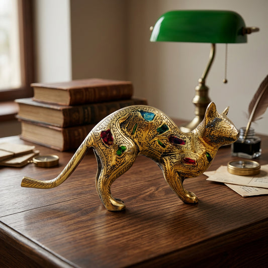 Brass Cat Statue in Walking Pose with Antique Gold Finish and Colorful Decorative Accents-artycraftz.com