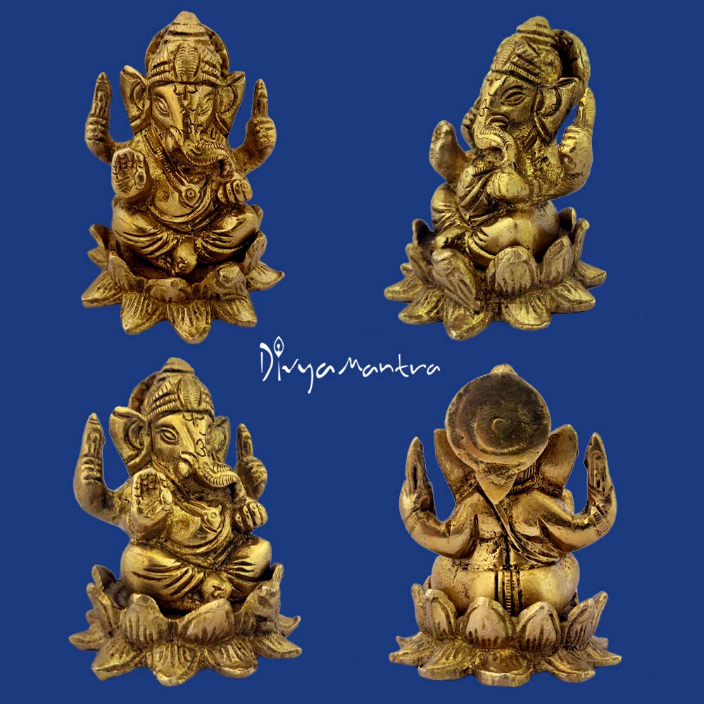 Brass Chaturbhuja Ganapati On Lotus Idol