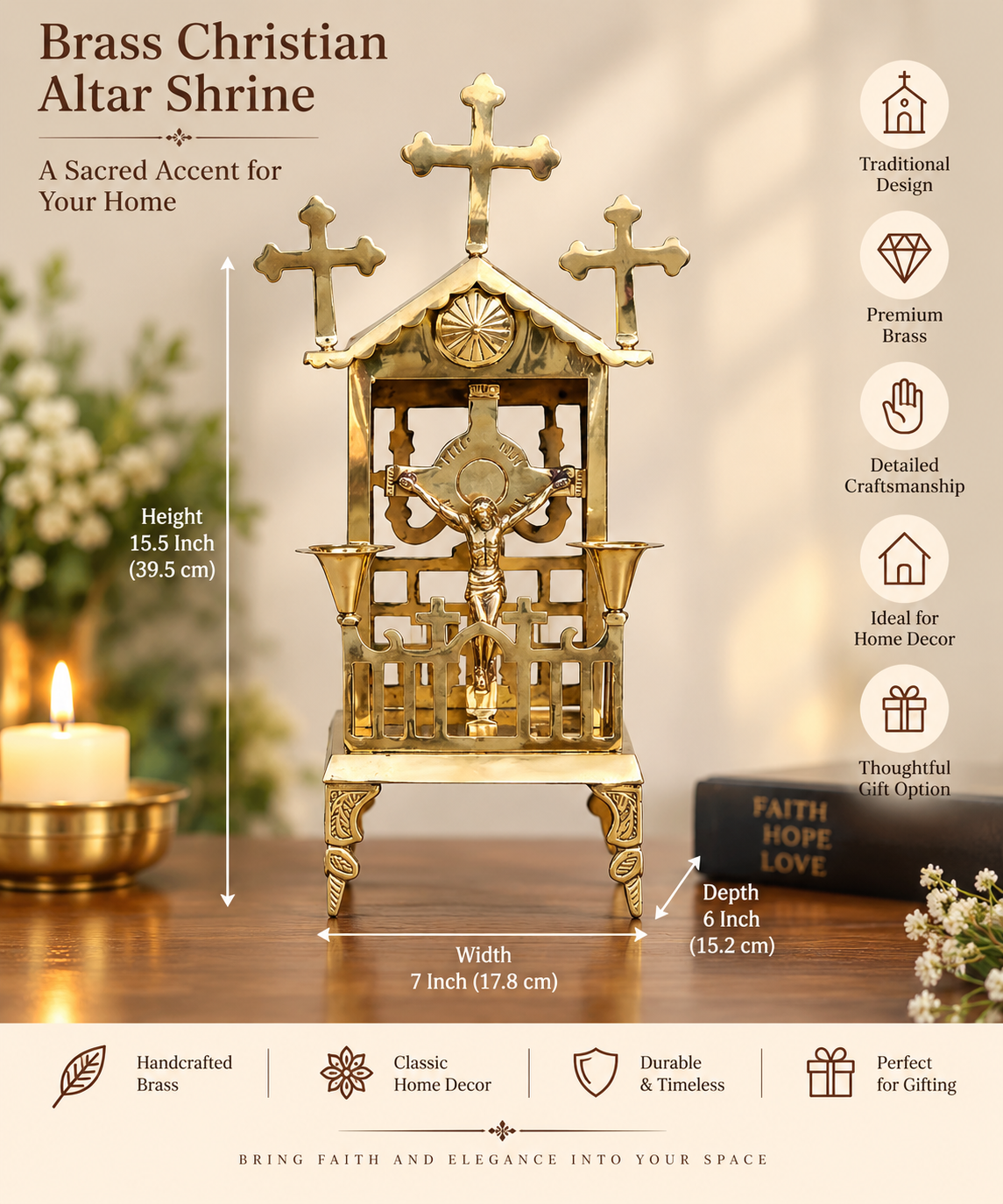 Brass Church Altar Model Shrine with Candle Holders (15 Inch)-artycraftz.com