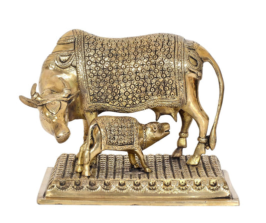 Brass Cow and Calf Statue with Intricate Floral Engravings and Rectangular Decorative Base, 10 Inch-artycraftz.com