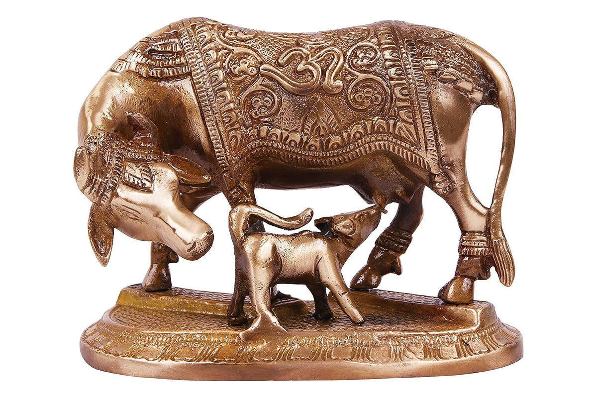 Brass Cow and Calf Statue with Intricate Ornamental Detailing, 6.5 Inch-artycraftz.com