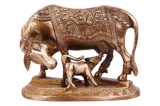 Brass Cow and Calf Statue with Intricate Ornamental Detailing, 6.5 Inch-artycraftz.com