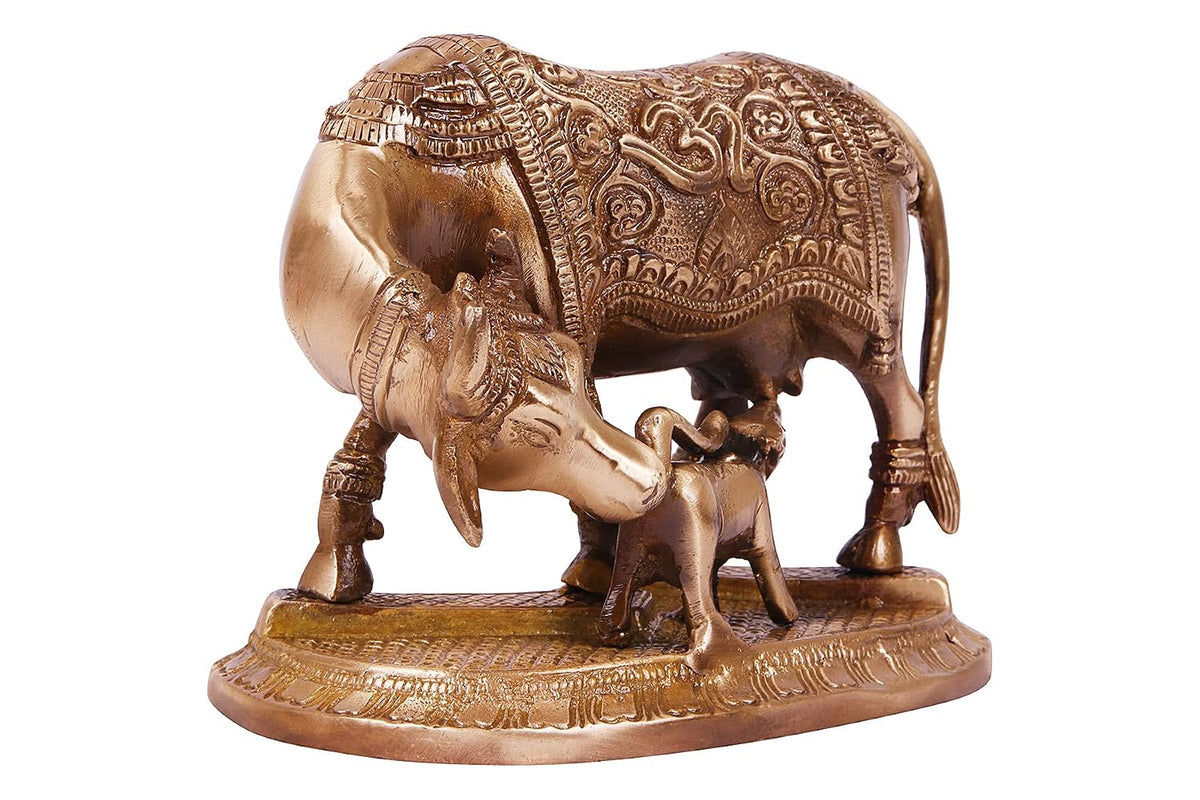 Brass Cow and Calf Statue with Intricate Ornamental Detailing, 6.5 Inch-artycraftz.com