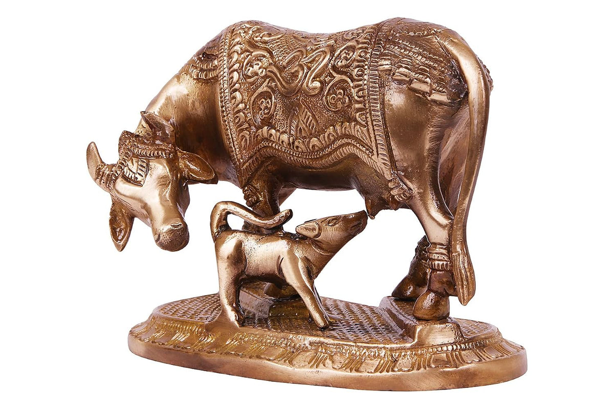 Brass Cow and Calf Statue with Intricate Ornamental Detailing, 6.5 Inch-artycraftz.com