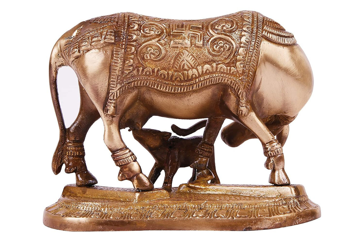 Brass Cow and Calf Statue with Intricate Ornamental Detailing, 6.5 Inch-artycraftz.com