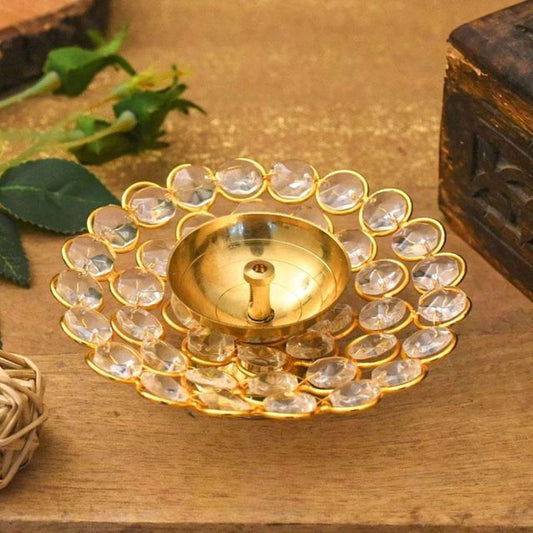 Brass Crystal Akhand Diya Oil Puja Lamp for Home Decor 2.4 Inches - ArtyCraftz.com