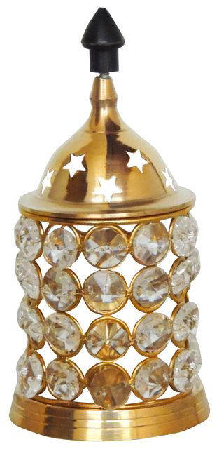 Brass Crystal Akhand Jyoti Diya For Diwali Decorative Crystals Tea Light Holder Lantern 3.5*3.5*8 Inches - ArtyCraftz.com