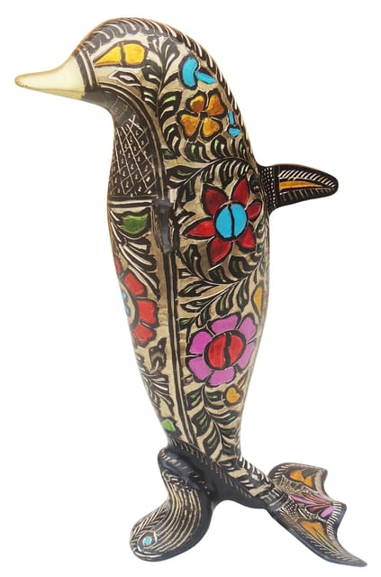 Brass Decorative Dolphin Statue with Multicolor Floral Patterns and Dark Finish-artycraftz.com