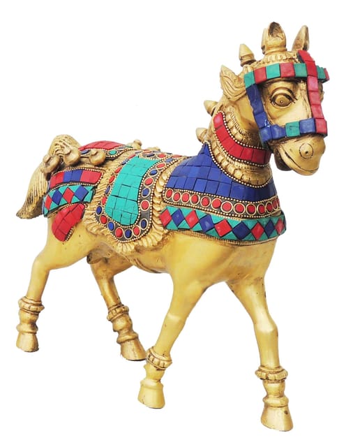 Brass Decorative Horse Statue with Gold-Tone Finish and Colorful Geometric Details-artycraft.com