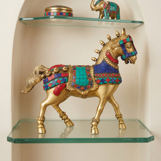 Brass Decorative Horse Statue with Gold-Tone Finish and Colorful Geometric Details-artycraft.com