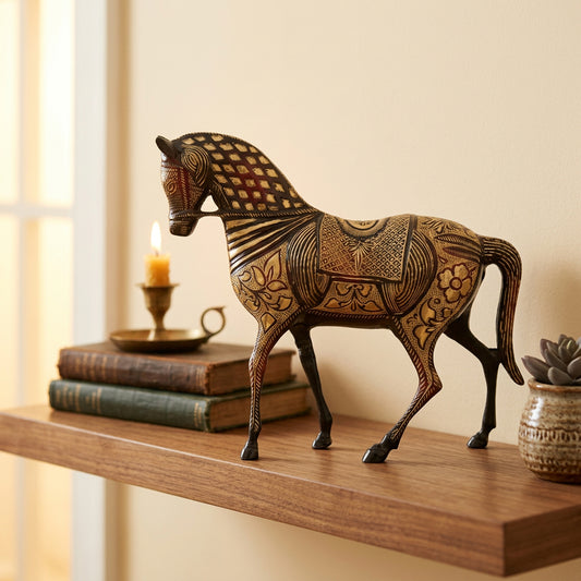Brass Decorative Horse Statue with Reddish-Brown Finish and Intricate Gold-Tone Floral Engravings-artycraftz.com