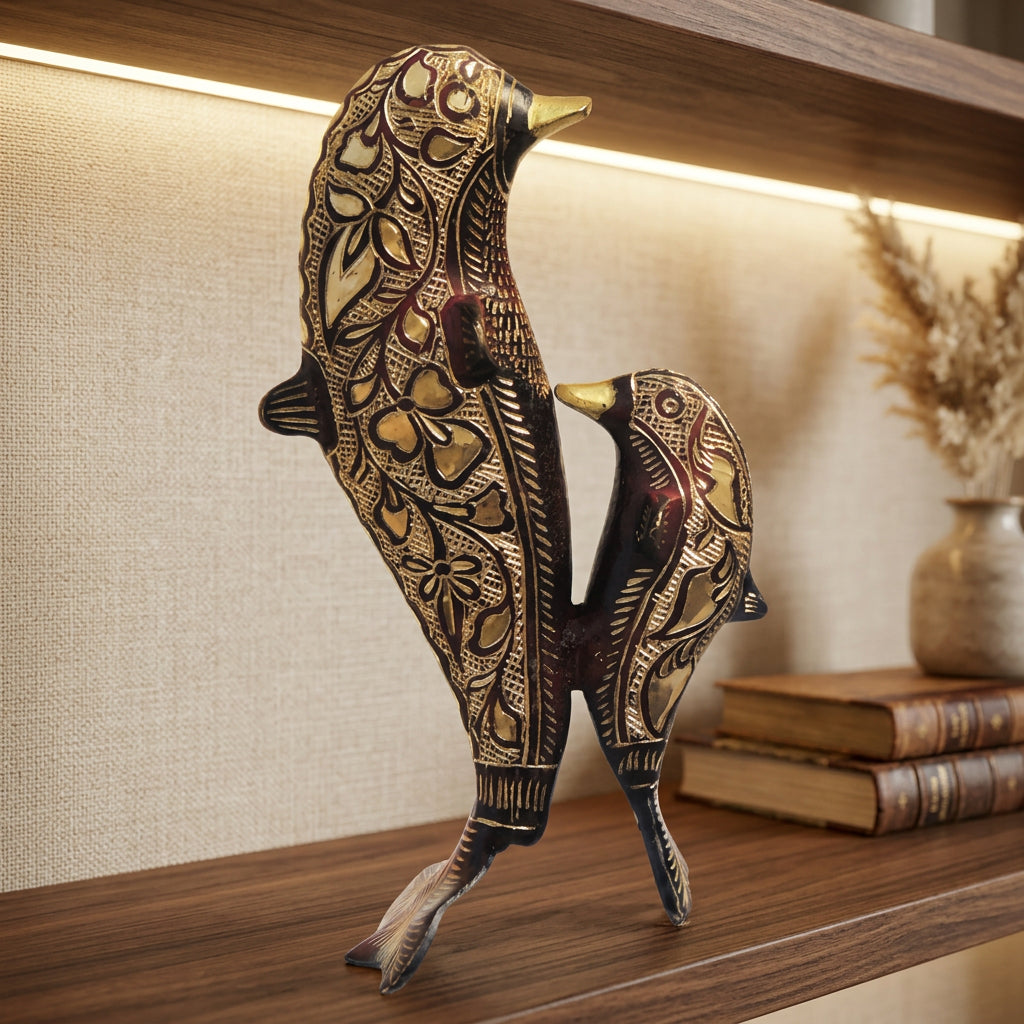 Brass Dolphin Pair Statue with Intricate Floral Engravings and Golden Finish-artycraftz.com