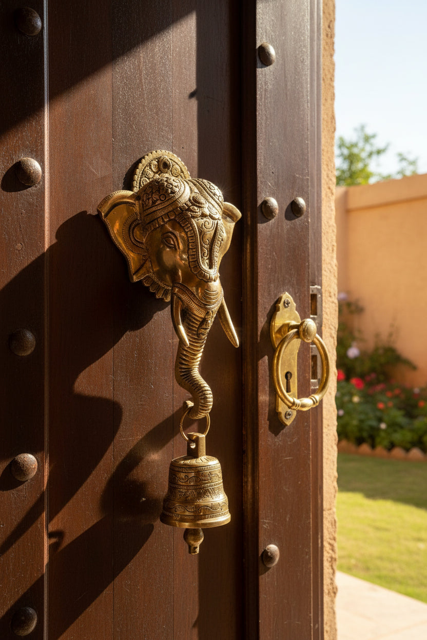Brass Elephant Statue Wall Hanging with Bell-ArtyCraftz.com